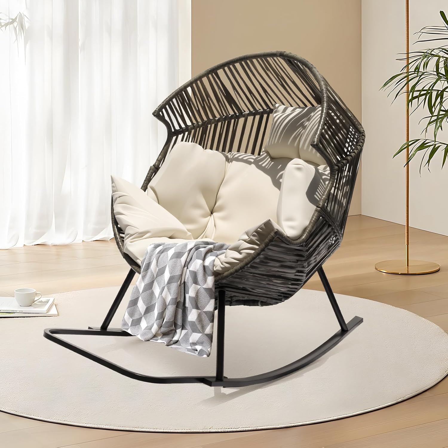 Oversized PE Rattan Rocking Chair with Thick Cushion