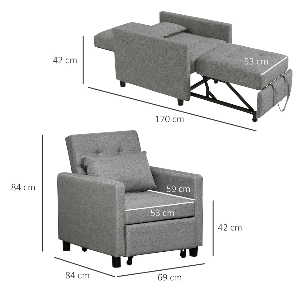 image 1 of HOMCOM Convertible Single Chair Bed w/ Tufted Upholstered Fabric, Grey