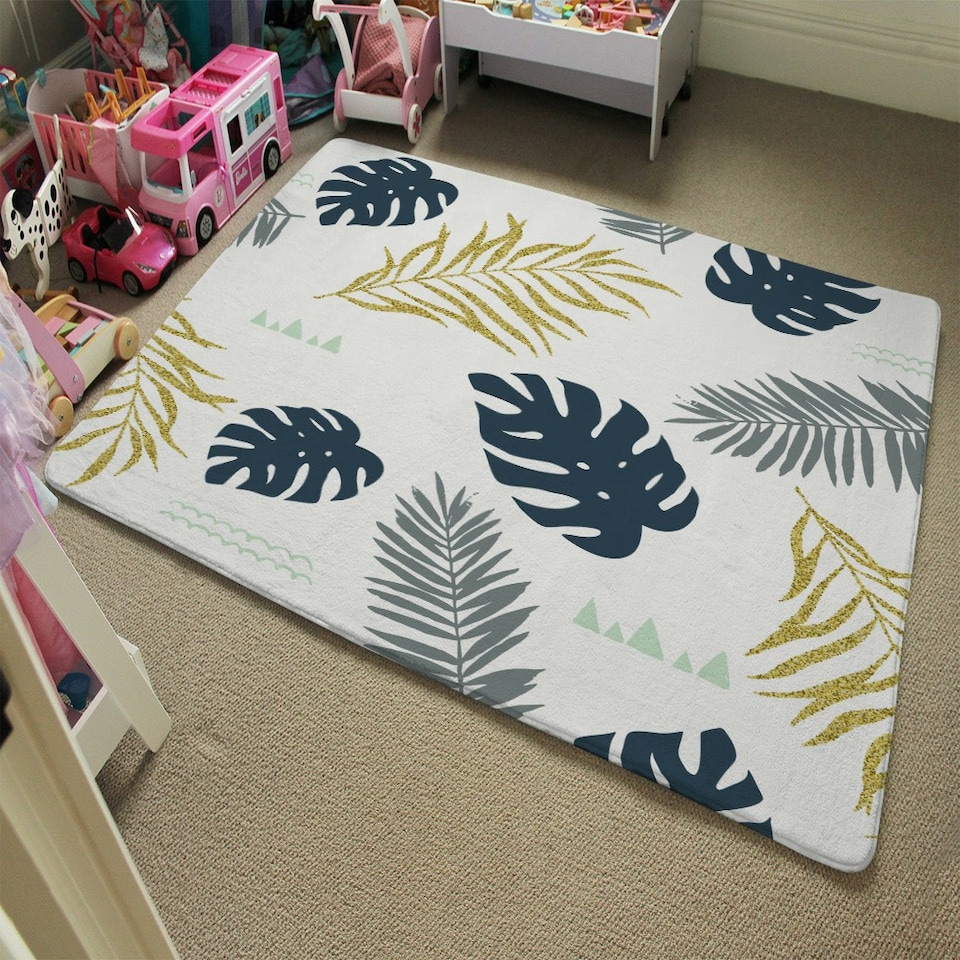 image 1 of Gold Glitter & Navy Leaves (Rug) Gold | Large: 140x200cm