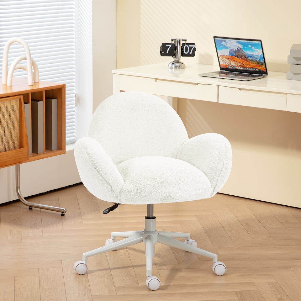 image 1 of HOMCOM Fluffy Leisure Chair Office Chair with Backrest and Armrest for Home Bedroom Living Room with Wheels Cream White
