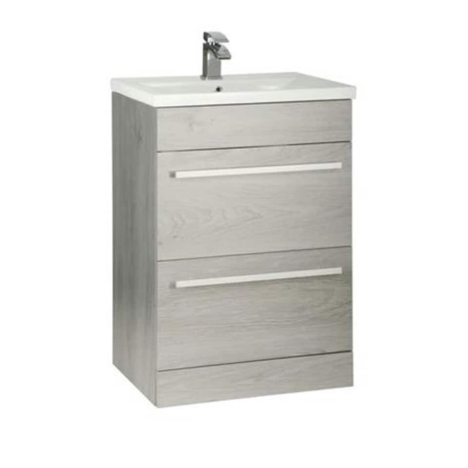 image 1 of Bathroom 2-Drawer Floor Standing Vanity Unit with Mid Depth Ceramic Basin 600mm Wide - Silver Oak  - Brassware Not Included | Brown | Brown | 1