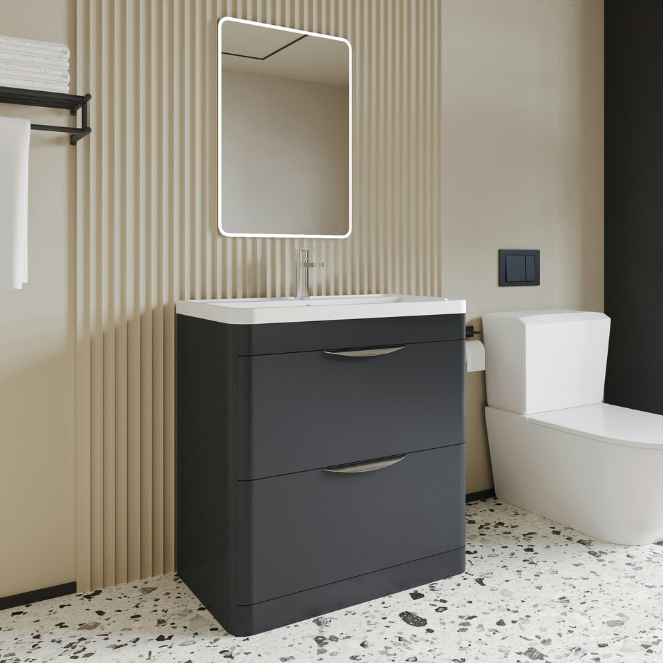 image 1 of Floor Standing 2 Drawer Vanity Unit with Polymarble Basin - 800mm - Soft Black Grey