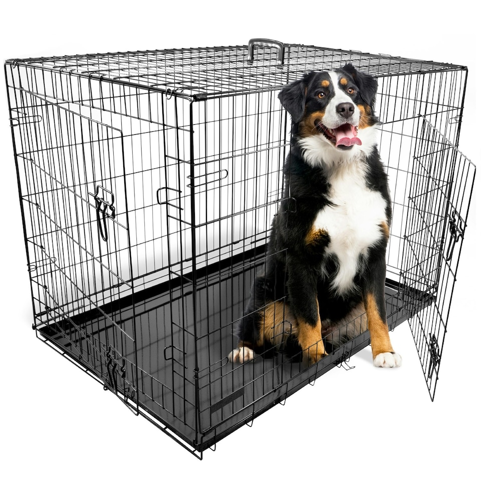 image 1 of DogCrates+ 42-Inch XL Dog Crate with Dual Doors, Removable Metal Tray & Foldable Frame – Black Black | XL