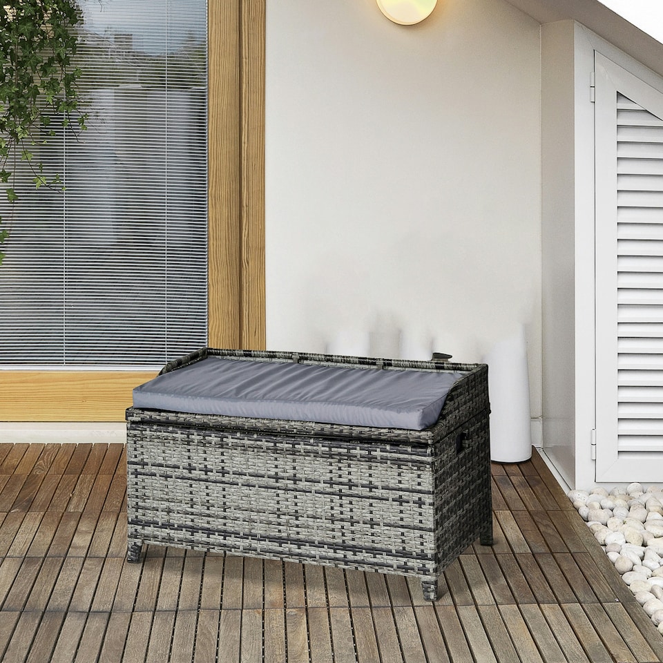 image 1 of Outsunny Rattan Wicker Storage Basket Box Bench Seat Furniture w/ Cushion
