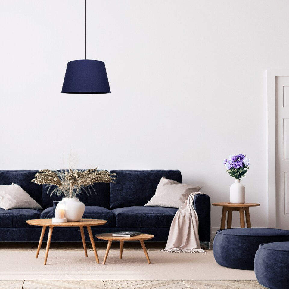 image 1 of Traditional 8 Inch Midnight Blue Linen Drum Table/Pendant Lamp Shade 40w Maximum | Blue