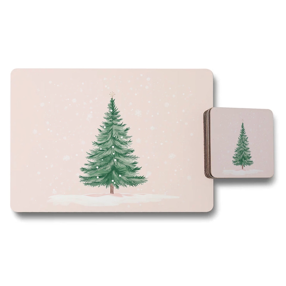 image 1 of Christmas Tree Placemat And Coaster Set Pink Snowfall Design