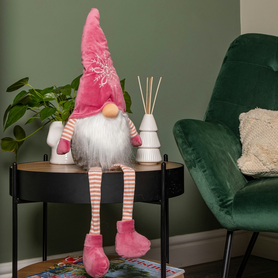 image 1 of 71cm Pink and Grey Sitting Christmas Gonk Decoration with Dangly Legs and Snowflake Hat