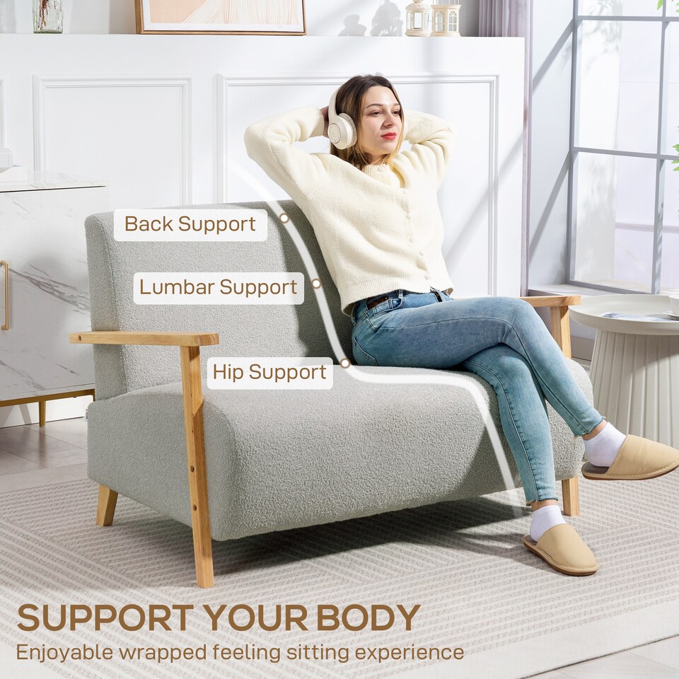 image 1 of HOMCOM 2 Seater Sofa, Small Sherpa Fabric Couch Settee, Nordic Upholstered Loveseat with Wood Legs and Armrests, Thick Seat for Living Room, Bedroom, Office, Light Grey | Grey