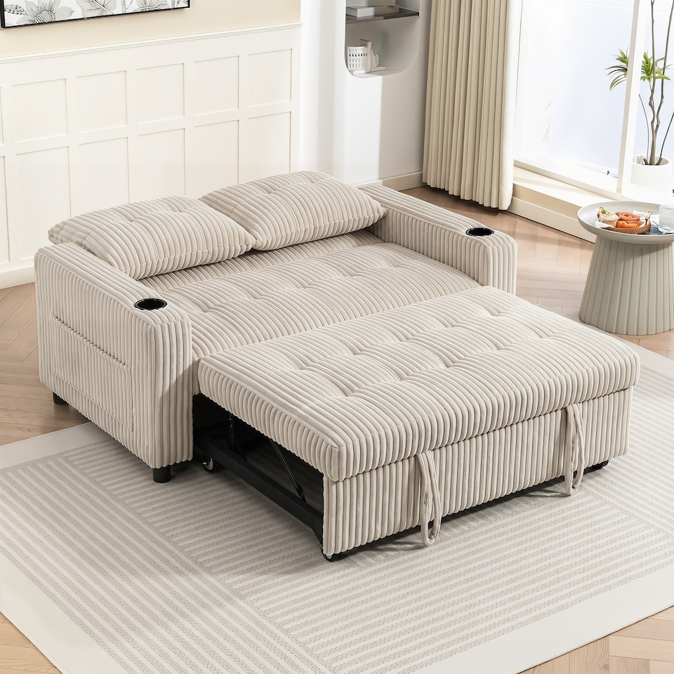 image 1 of HOMCOM Corduroy Click Clack Sleeper Sofa with Pull Out Design, Cream White