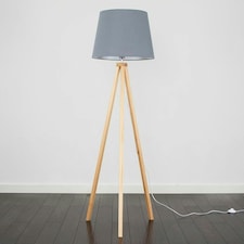 ValueLights Barbro Wood Tripod Floor Lamp Grey Taper Shade