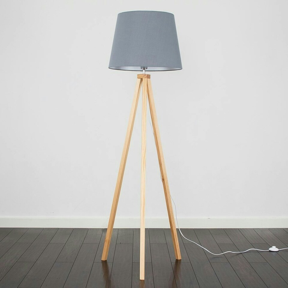 image 1 of ValueLights Barbro Wood Tripod Floor Lamp Grey Taper Shade