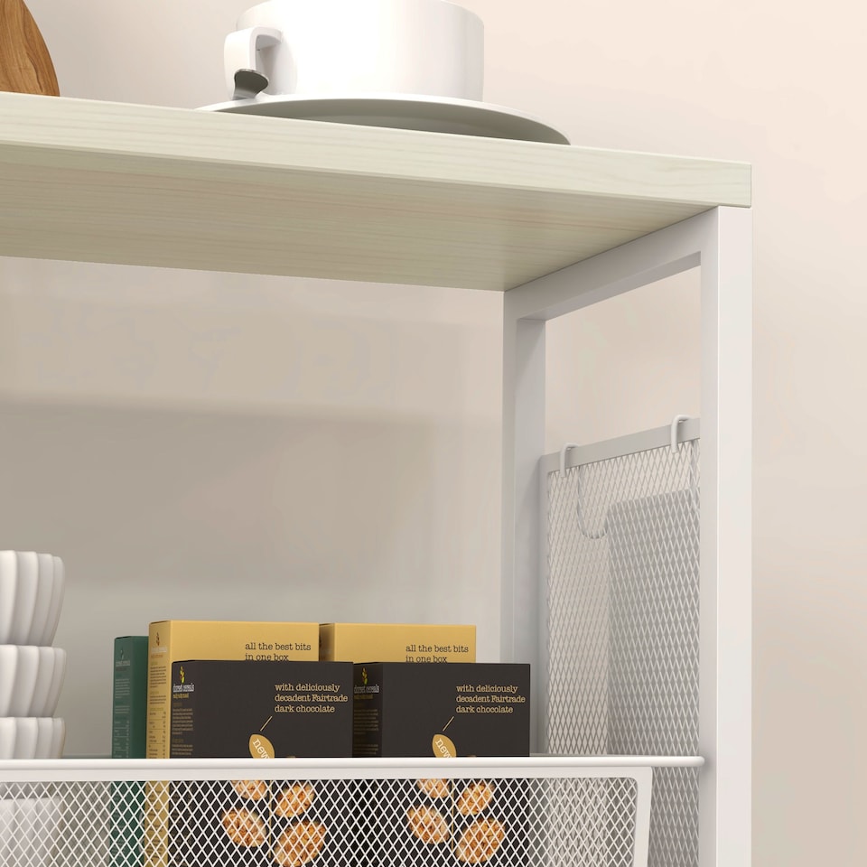 image 1 of HOMCOM 3-Tier Kitchen Cart, Multifunction Kitchen Trolley on Wheels with 3 Steel Wire Baskets, Hanging Basket and Hook, Rolling Serving Cart, White