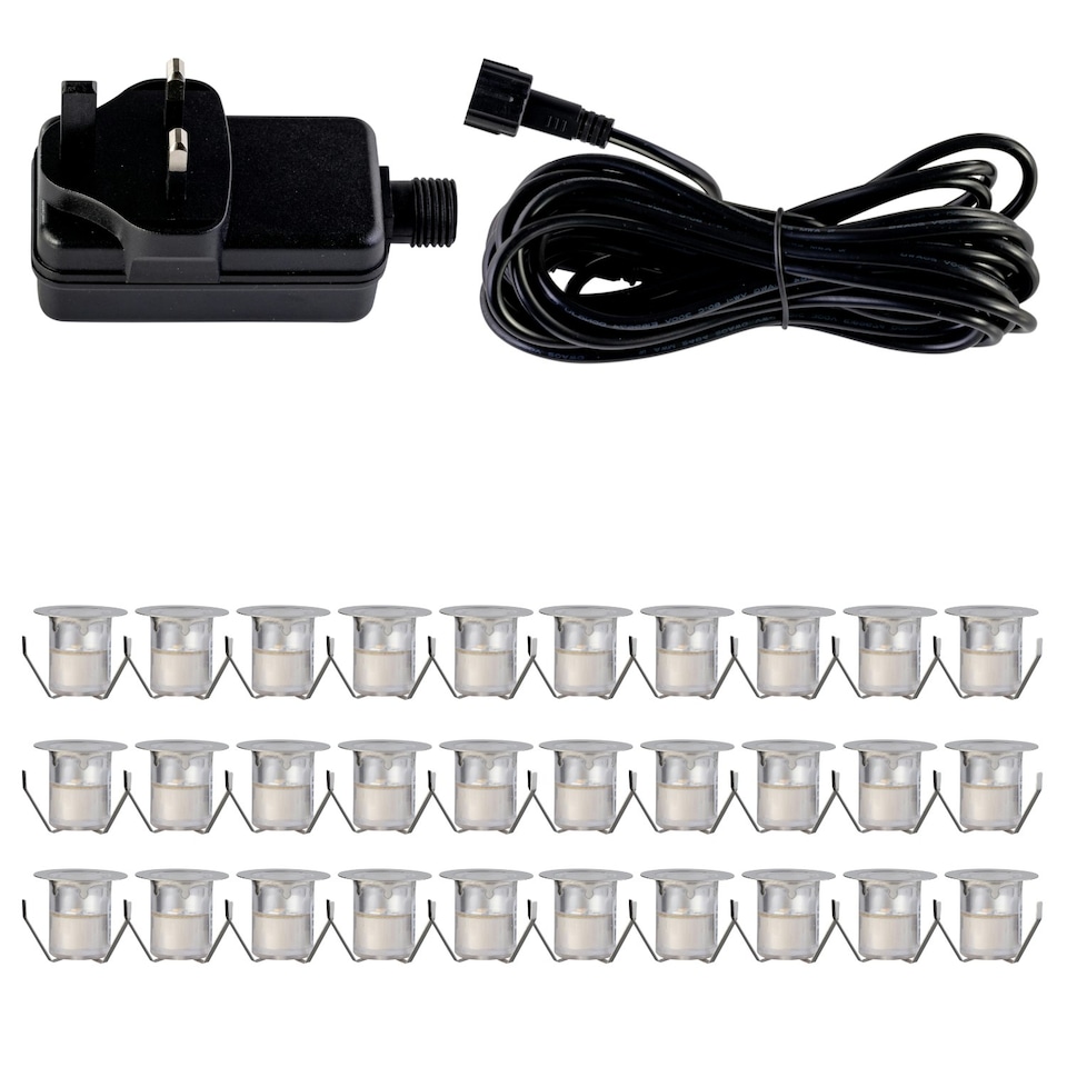 image 1 of Set of 30 - 30mm Stainless Steel IP67 Warm White LED Decking Kit Chrome | Clear