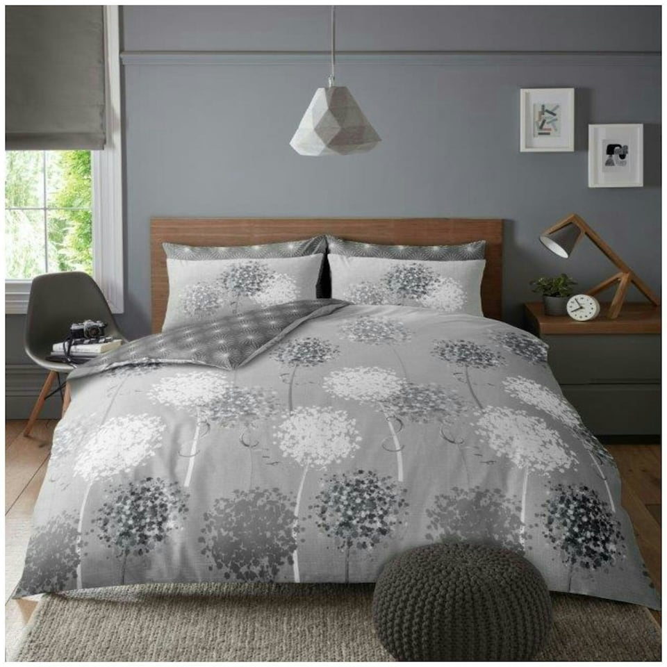 image 1 of VELVETIO Botanical Dandi Complete Duvet Cover Set with Fitted Sheet Soft Polycotton Bedding Sets Grey | Double