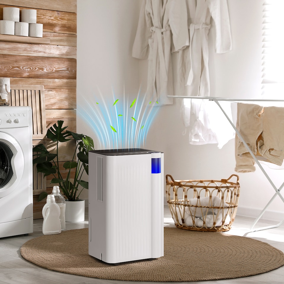 image 1 of HOMCOM 12LDay Dehumidifier with Low Noise Level, Continuous Drainage, 2L Water Tank, 24H Timer, LED Display, Filter, Auto Defrost, Children Lock, Dehumidifier for Home Damp, Laundry Drying, Basement