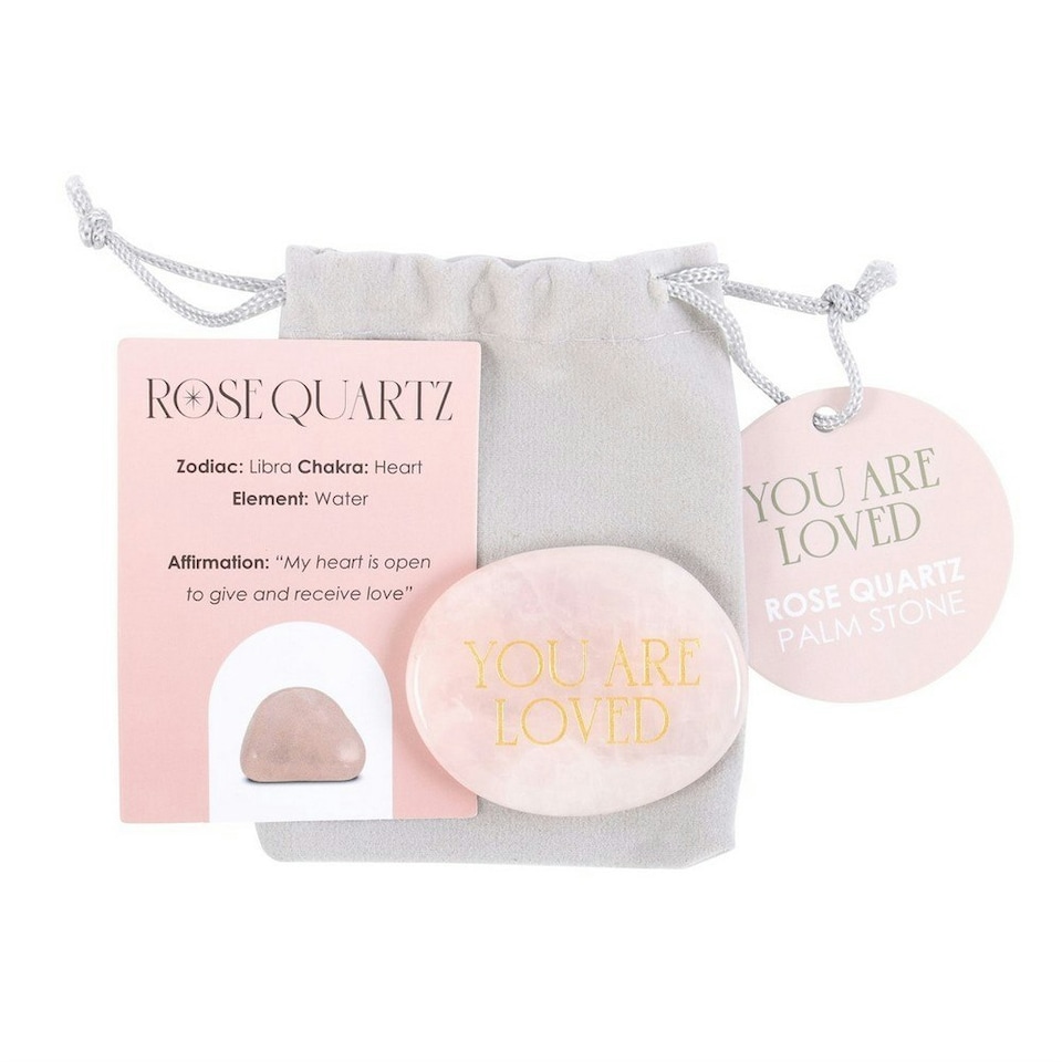 image 1 of Something Different You Are Loved Rose Quartz Palm Stone - Pink/Gold - One Size