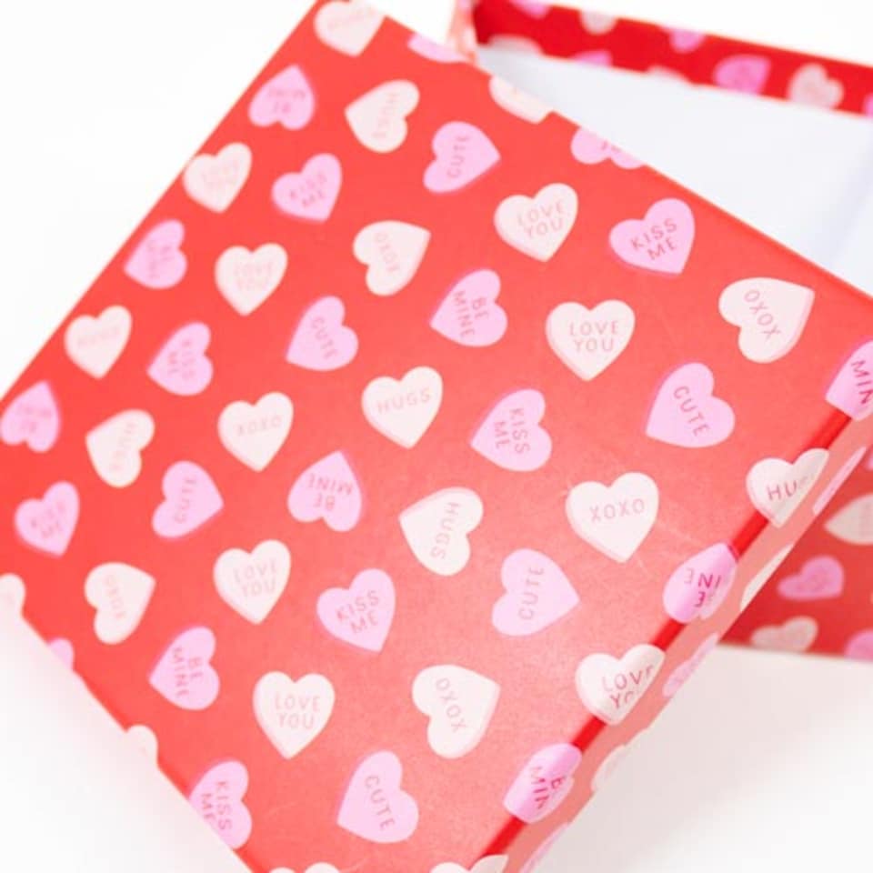 image 1 of Red with Sweet Phrases Love Hearts Valentine's Square Gift Box 16cm
