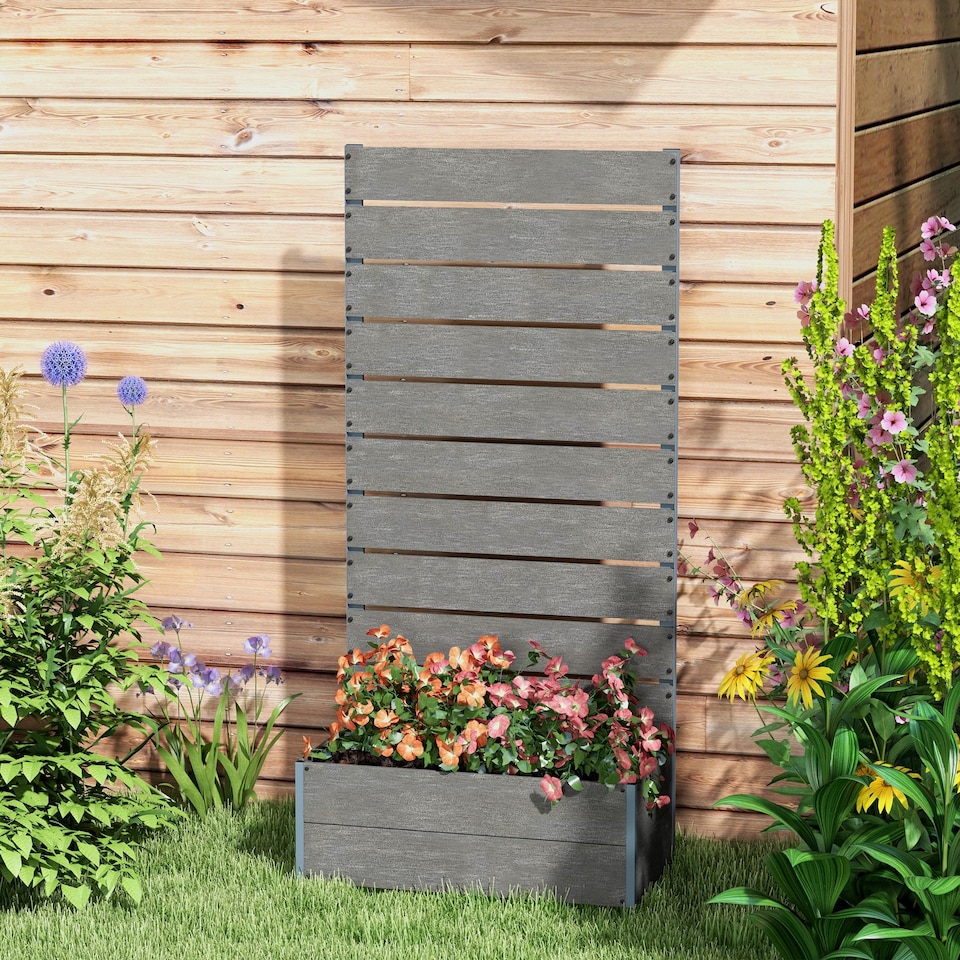 image 1 of Outsunny Raised Garden Bed with Trellis and Drainage Hole, Planter Box Grey