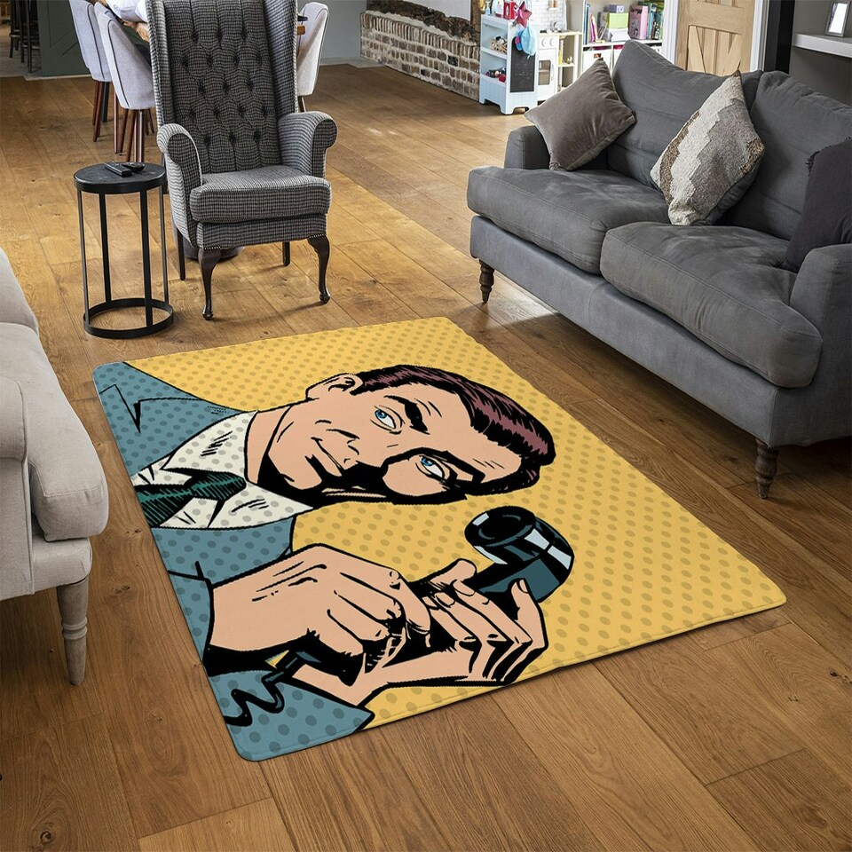 image 1 of Male businessman talking on the phone style pop art retro (Rug) Yellow | XL