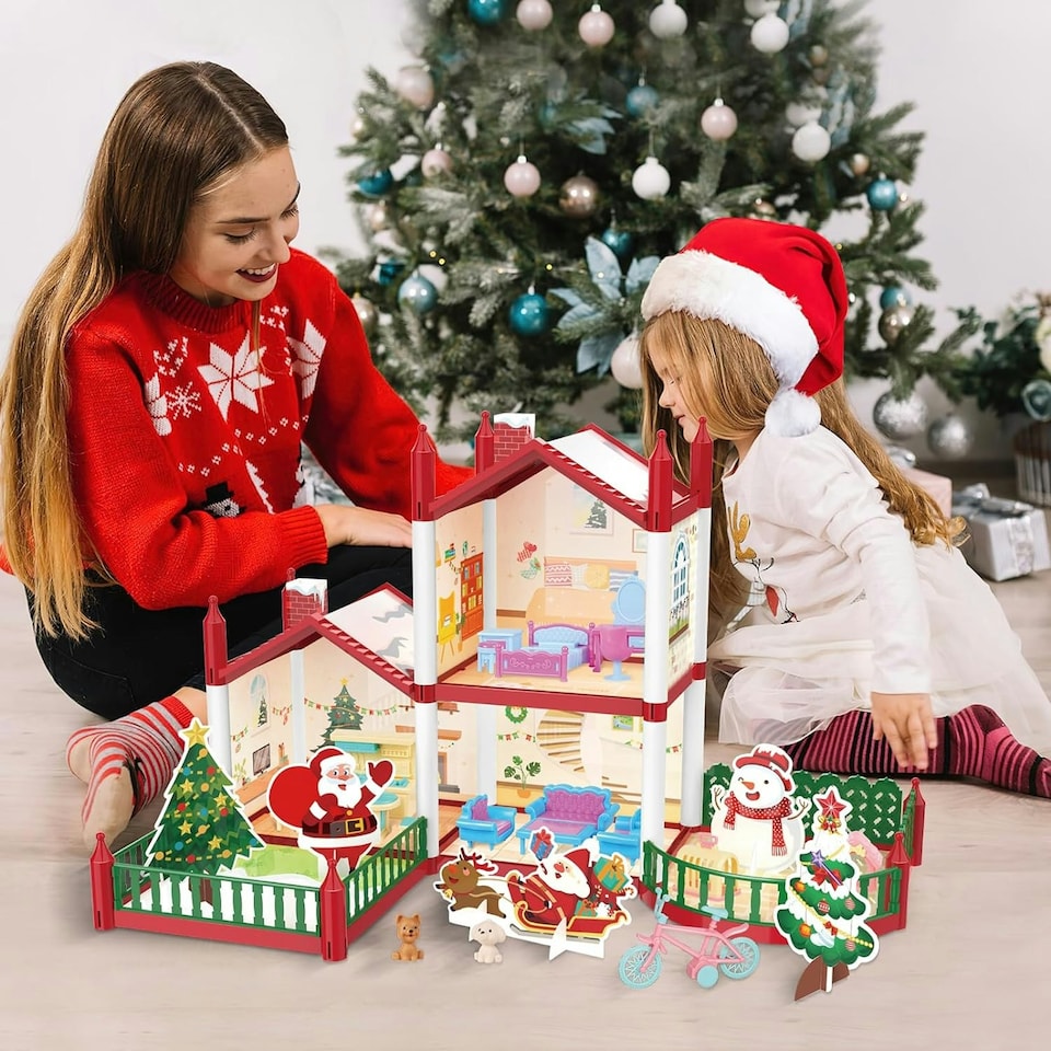 image 1 of Christmas Doll House Playset - 3D DIY Two-Story Dream Home with Garden & Accessories Holiday Gift for Kids Ages 3 plus