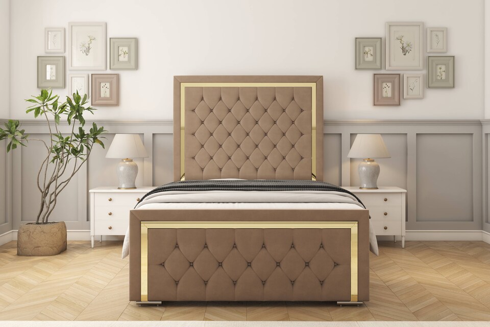 image 1 of Sloomy Sofia Gold Mink Plush Bed Frame With Mattress With 50" Upholstered Headboard 4'6 Double