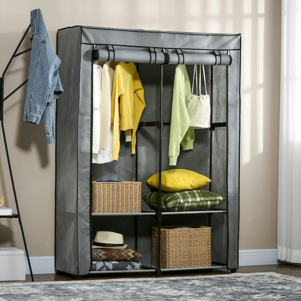 image 1 of HOMCOM Fabric Wardrobe w/ 4 Shelves 2 Hanging Rails Foldable Closets Light Grey
