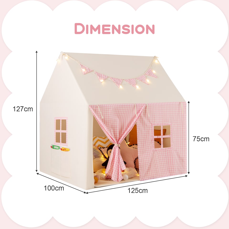 image 1 of COSTWAY Kids Play Tent Indoor Large Playhouse with Mat & Star Lights-Pink