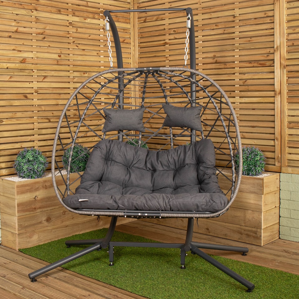 image 1 of Samuel Alexander 2 Seater Hanging Garden Rattan Egg Chair with Steel Frame and Waterproof Cover in Grey | Grey | Grey