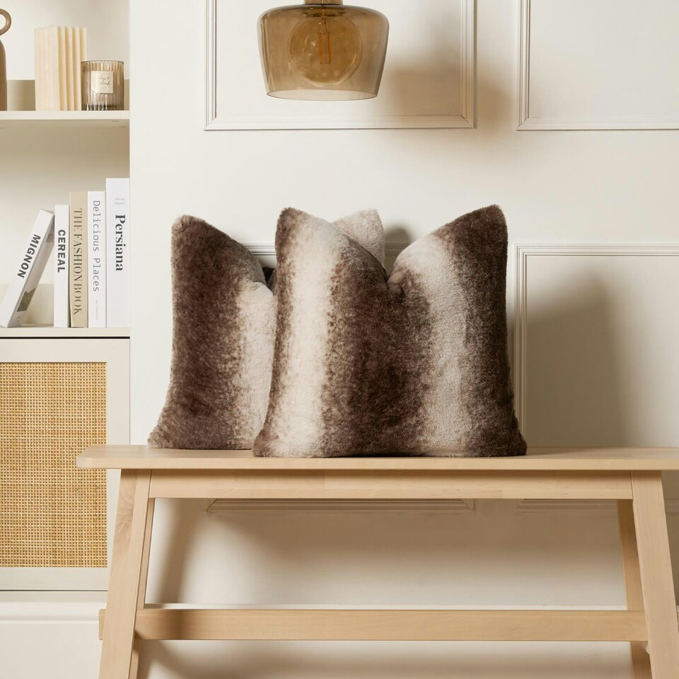 image 1 of OHS 2 x Faux Fur Striped Patterned Filled Cushions, 45x45cm - Brown