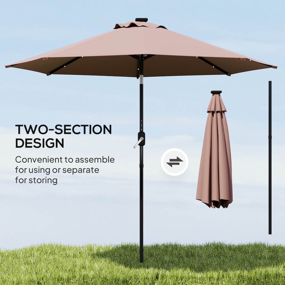 image 1 of Outsunny 2.7m Garden 24 LED Light Parasol Solar Outdoor Tilt Sun Umbrella Patio Club Party Event Manual Sun Shade w Hand Crank and 8 Ribs, Brown