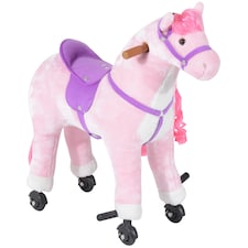 HOMCOM Plush Walking Horse Ride On Toy with Wheels and Realistic Sounds Rocking Horse for Girls Boys 2 Plus Years Old, 50cm Tall, Pink