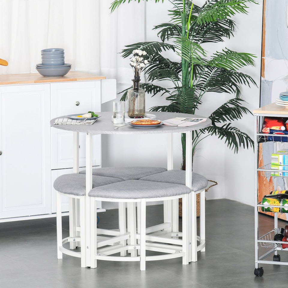 image 1 of HOMCOM Modern Round Dining Table Set with 4 Upholstered Stools for Dining Room, Kitchen, Dinette