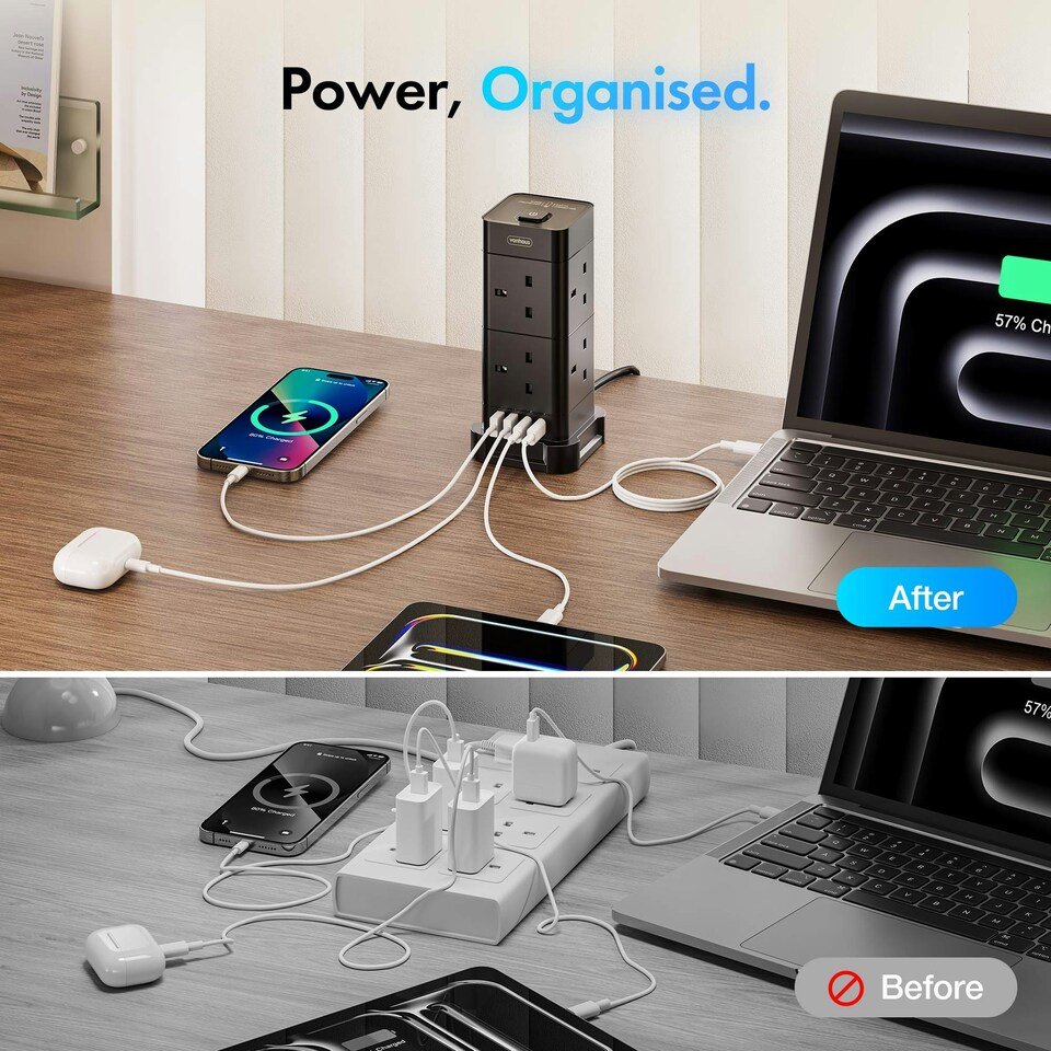 image 1 of VonHaus Tower Extension Lead with 8 Plugs and 2 USB-C Ports