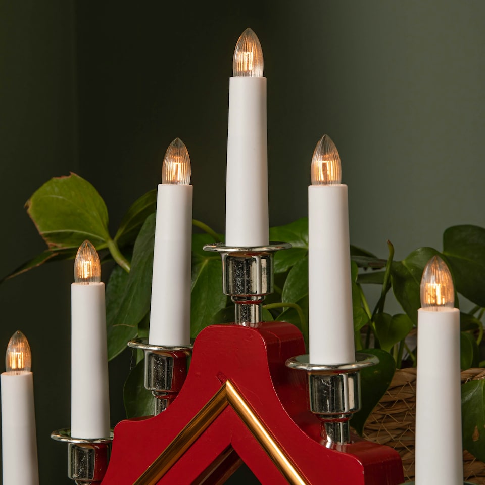 image 1 of 39cm Light up Red Wooden Christmas Candle Bridge with Silver Cups & 7 Warm White LEDs