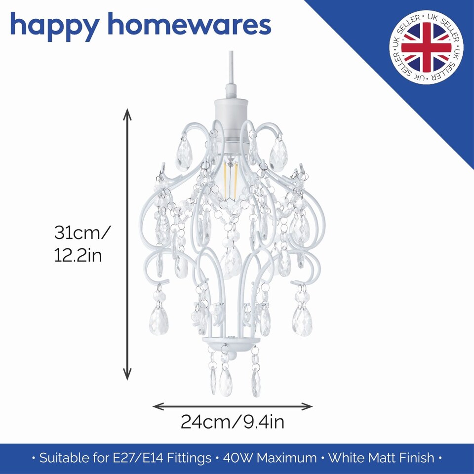 image 1 of Matt White Shabby Chic Chandelier Style Pendant Ceiling Lamp Shade with Acrylic | White | White | 1