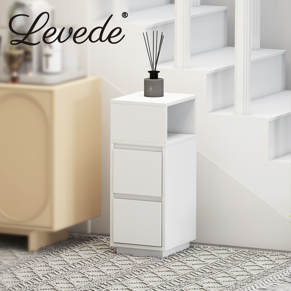 image 1 of Levede Slim Bedside Table Storage Nightstand with 2 Drawers & Open Shelf White | White | White