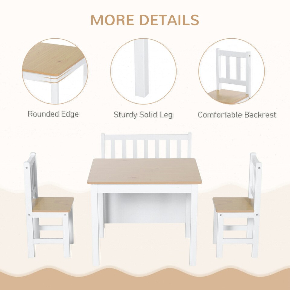 image 1 of HOMCOM 4-Piece Set Kids Wood Table Chair Bench w/ Storage Function for 3 Years+ Grey
