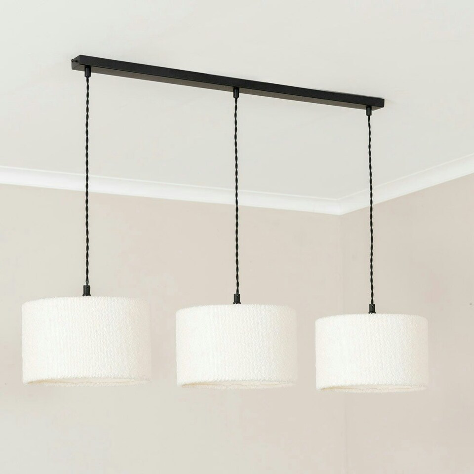 image 1 of ValueLights Reni Cream Boucle Drum Shade 3 Drop Bar Black Diner Ceiling Light with LED Bulbs Black