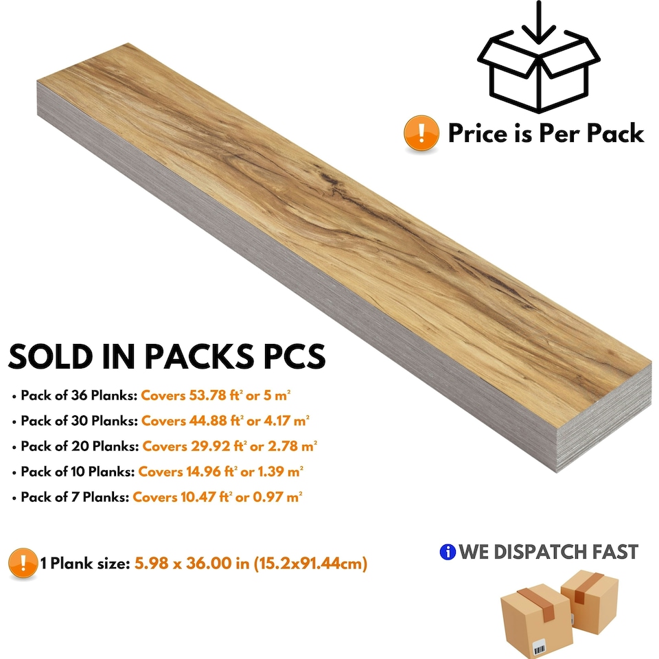 image 1 of NOVECRAFTO Self Adhesive Vinyl Floor Planks – 36x5.98 in (91.4x15.2cm) – Peel & Stick Flooring Tiles – Sandalwood Glow Wood Effect – Pack of Vinyl Tiles Brown | 0.97 sqm