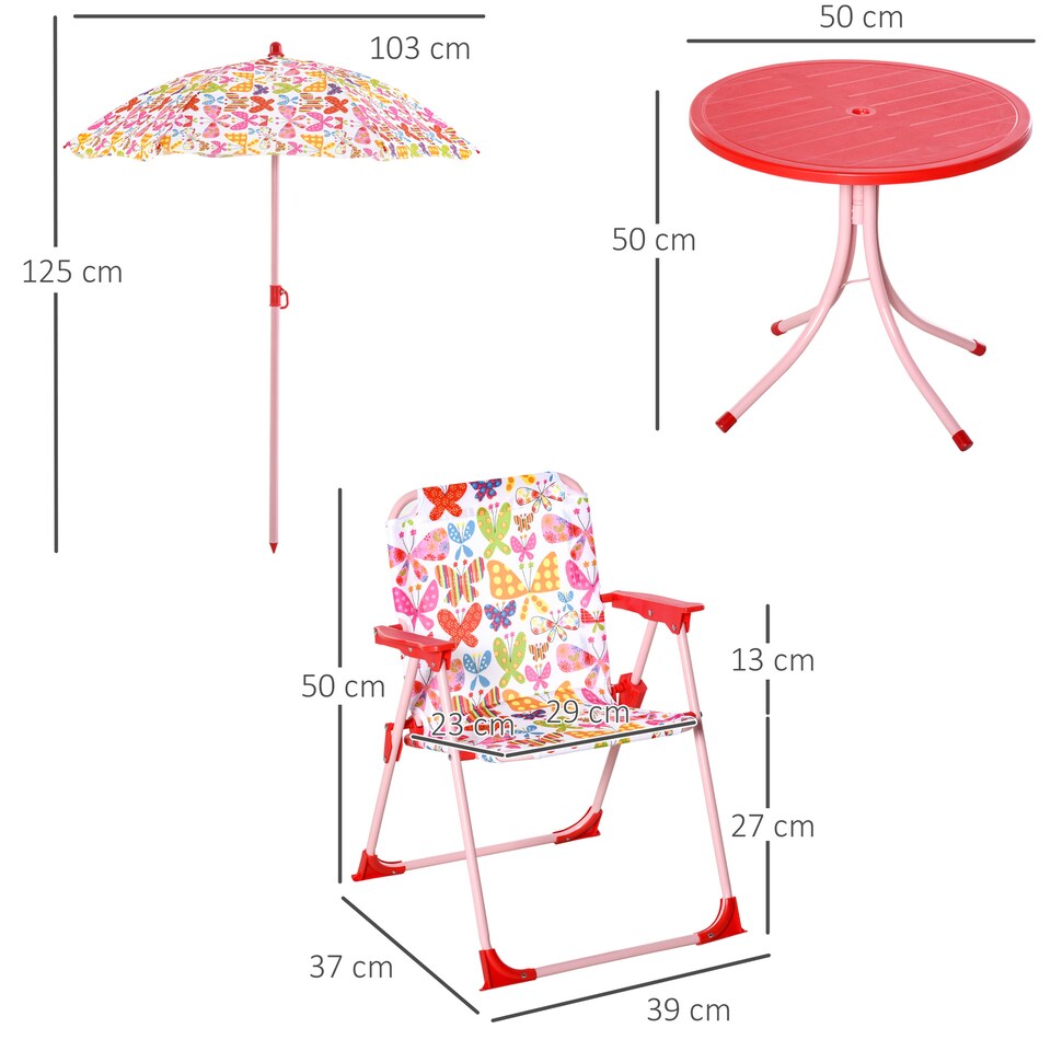 image 1 of Outsunny Kids Folding Picnic Table Chair Set Butterfly Pattern Outdoor Parasol