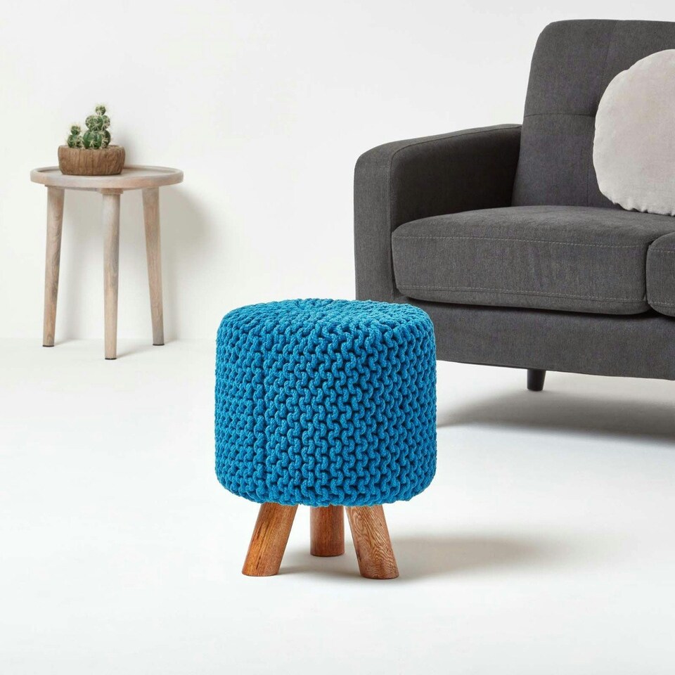 image 1 of Homescapes Teal Blue Tall Cotton Knitted Footstool on Legs