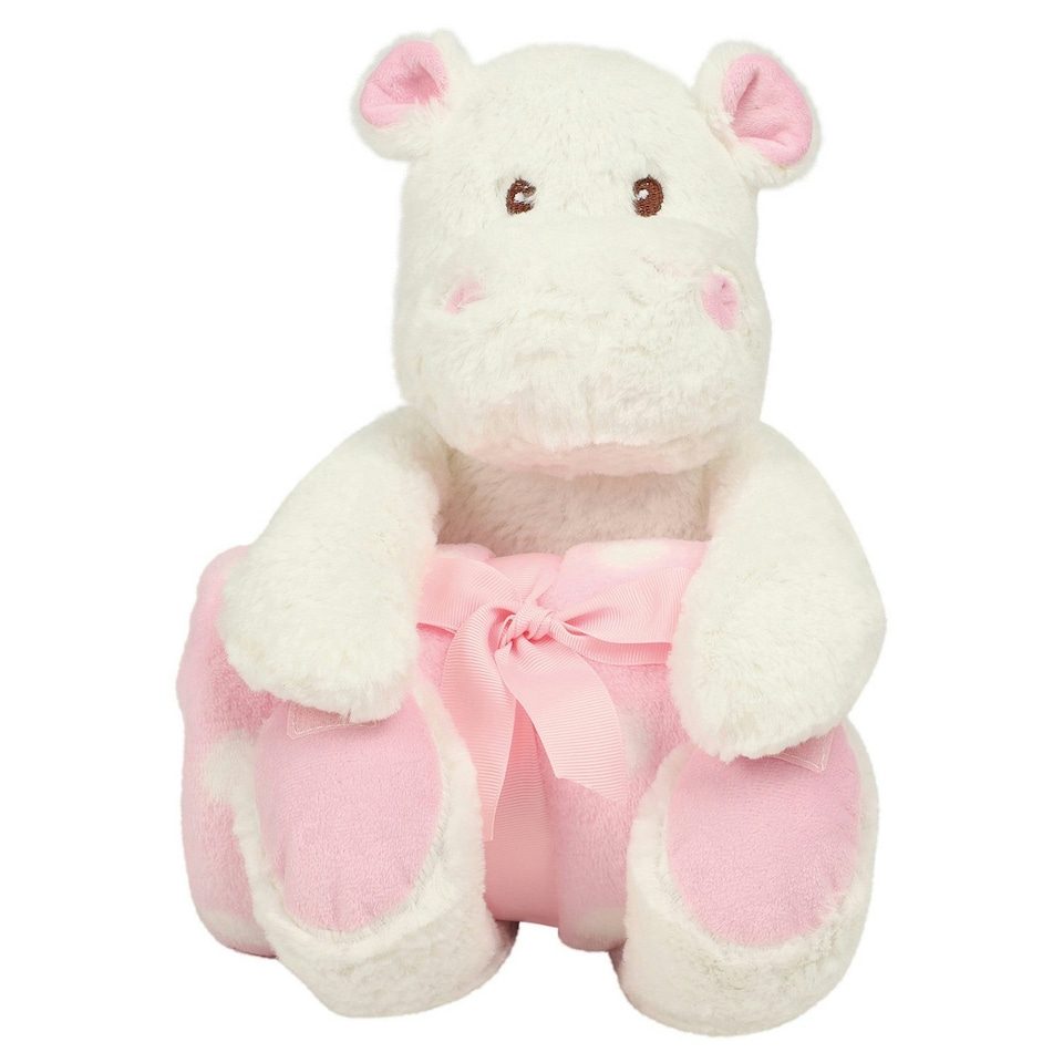 image 1 of Mumbles Hippo With Printed Fleece Blanket - White/Pink - One Size