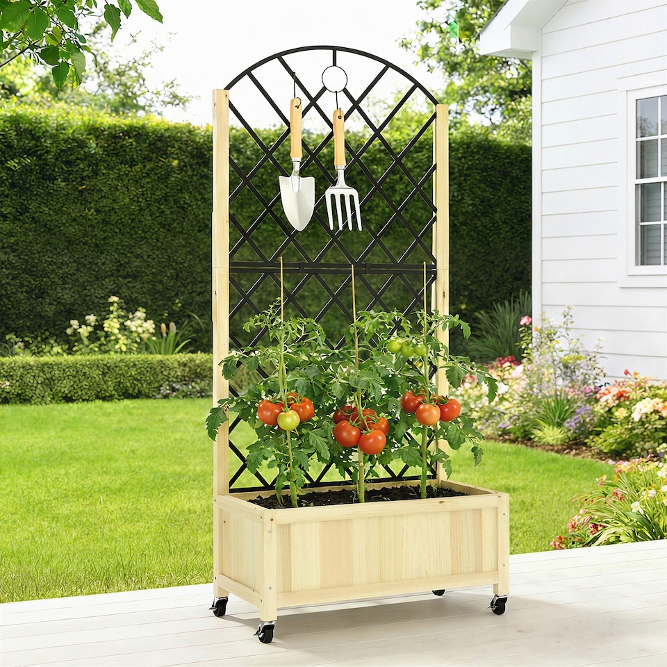 image 1 of Outsunny Garden Bed w/Metal Trellis, Wooden Elevated Planter Box, Natural | Brown | Natural wood | 72W x 36D x 168H cm
