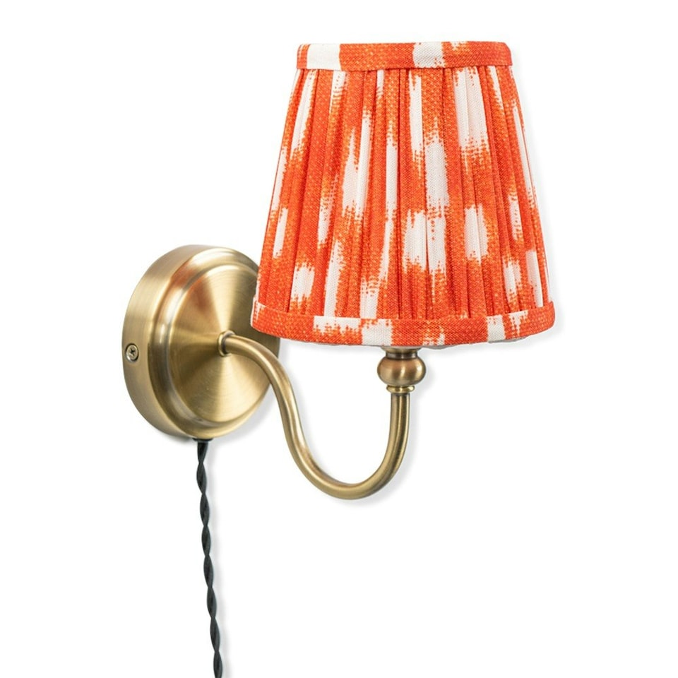 image 1 of ValueLights Neely Plug in Antique Brass Easy Fit Wall Light with Orange Pleated Fabric Tapered Lampshade - Bulb Included