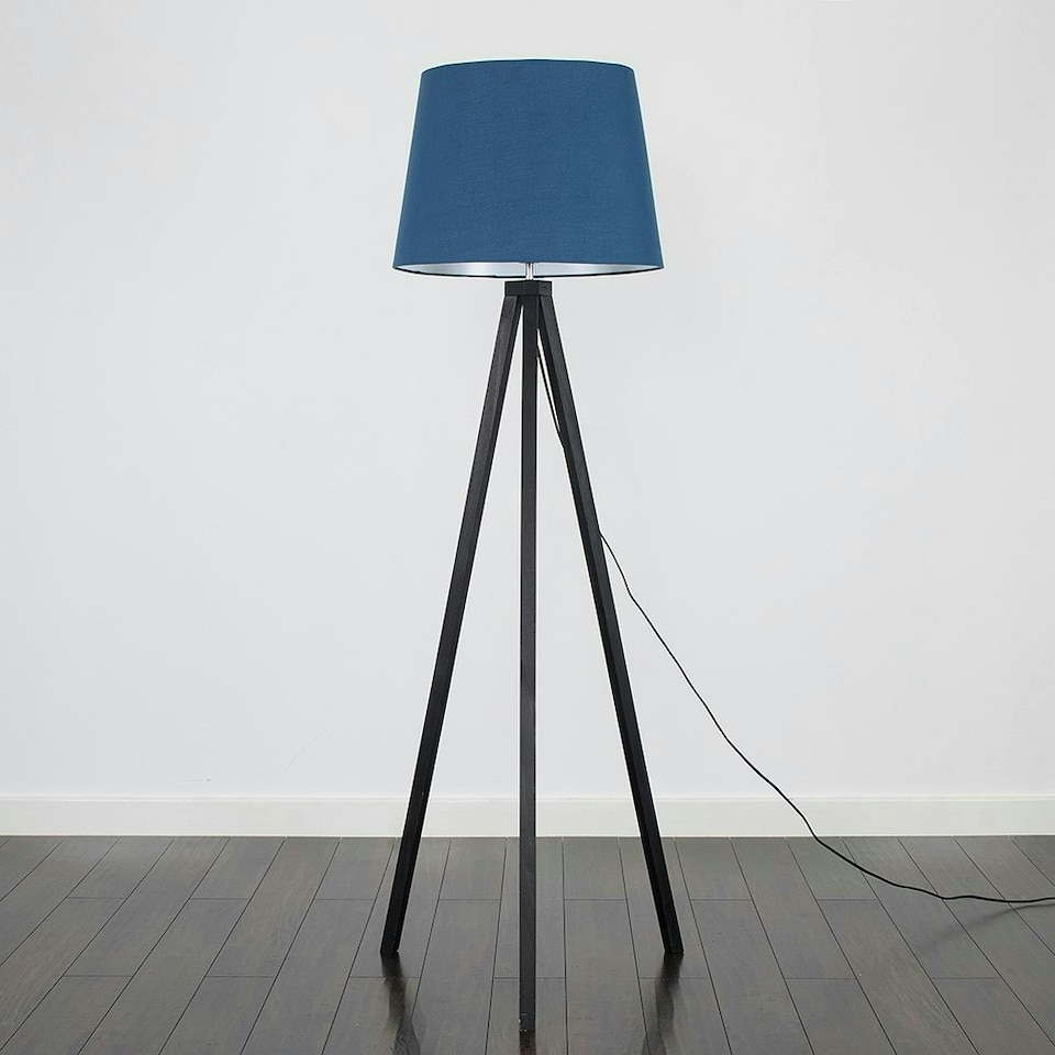 image 1 of ValueLights Barbro Black Tripod Floor Lamp Blue Taper Shade & Bulb