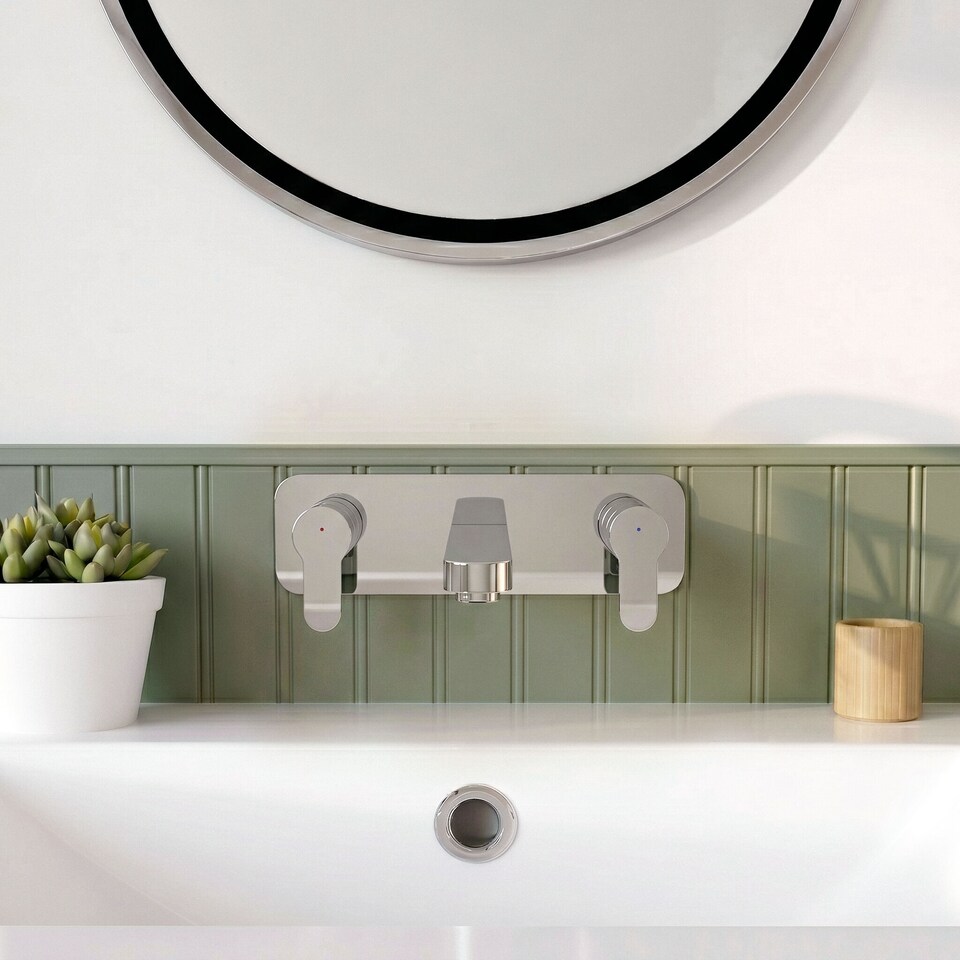 image 1 of Balterley Pride Contemporary Round Wall Mount 3 Tap Hole Basin Mixer Tap & Back Plate