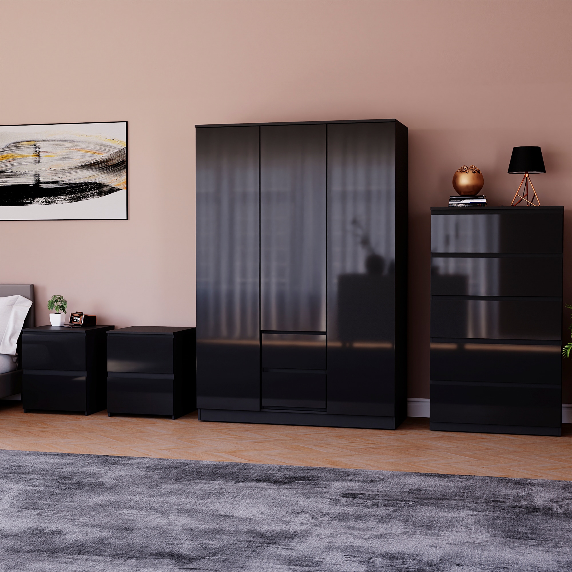 Vida Designs Glinton 4 Piece FSC Certified Bedroom Set (2 Drawer Bedside Chest x2, 5 Drawer Chest, 3 Door 2 Drawer Wardrobe), Black Black Black L 4