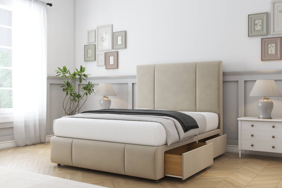 image 1 of Sloomy Lisbon Almond Coniston Divan Bed Base 4 Drawers With 54 Inch Floor Standing Headboard & 12 Inch Matching Footboard | Cream | Almond | Super King | 1