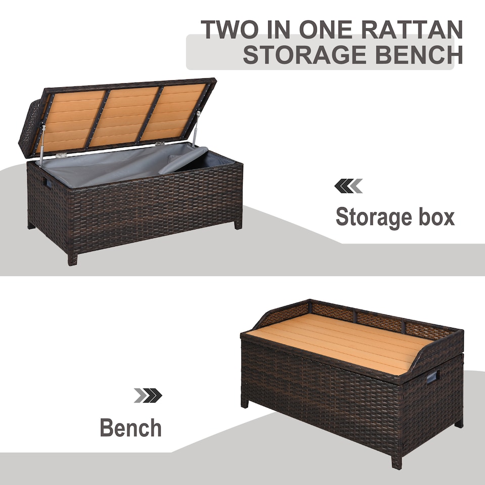 image 1 of Outsunny PE Rattan Outdoor Storage Bench, Aluminium Garden Bench with Storage Underneath with Zipped Inner Lining, Rods for Deck, Mixed Brown