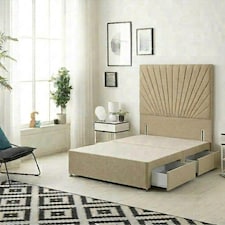 Sunburst Divan Bed with 2 Drawers & 54'' Floor Standing Headboard Linen Fabric | Brown | Wheat